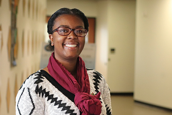 Kendra Jackson stands in a hallway of the John D. Tickle Engineering building.