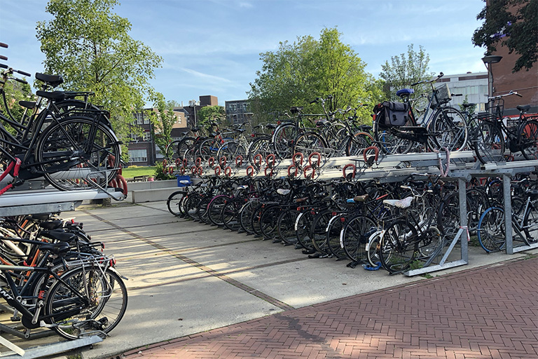Bicycles parked in a double-decker system.