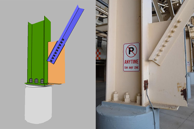 Two views of a double angle connection in Neyland Stadium: one an interactive 3-D image, the other a photograph of the actual connection.