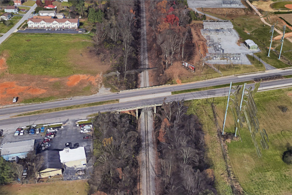Google Maps image of the bridge crossing the single-rail CSX line.