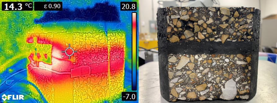 A side by side collage of an electrically conductive asphalt concrete slab and an infrared thermal image of the same slab.