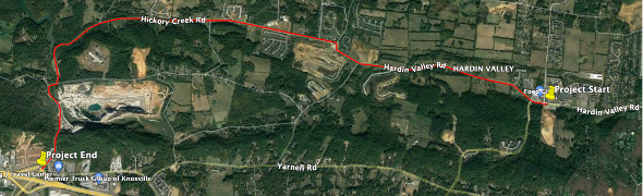 An aerial map view of a section of Hickory Creek Road to Interstate 40 in Knox County, Tennessee.