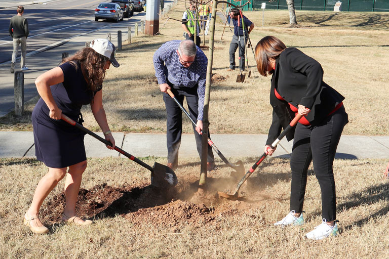 City of Knoxville mayor Indya Kincannon helps to plant a tree