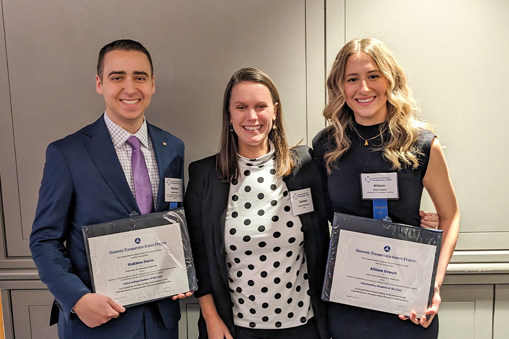 Matthew Davis, Candace Blakewood, and Allison Rewalt holding their awards